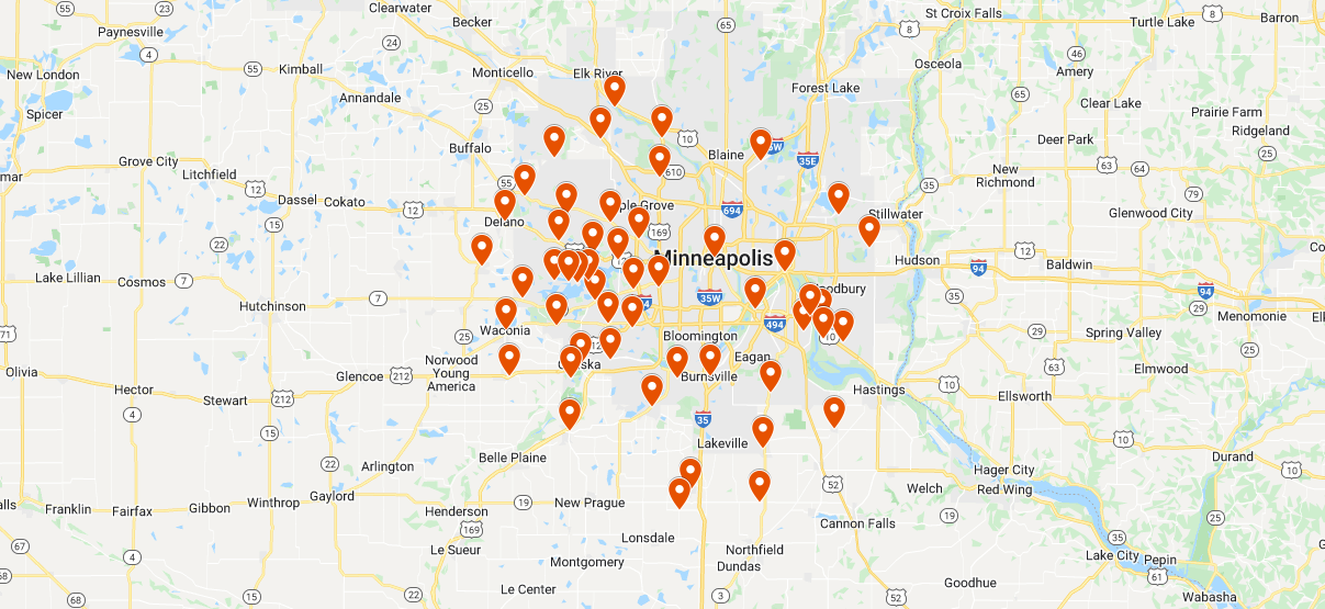 image of the Minneapolis area with map markers on it